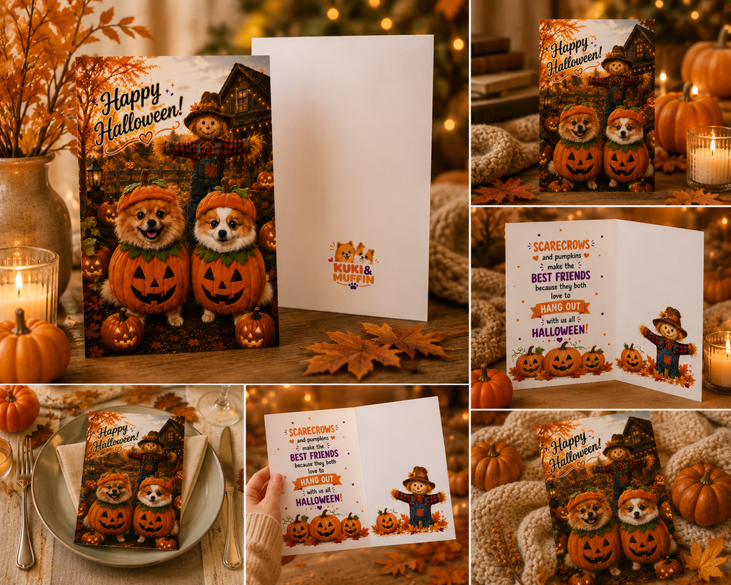 Happy Halloween – Scarecrow & Pumpkin Pups Greeting Card