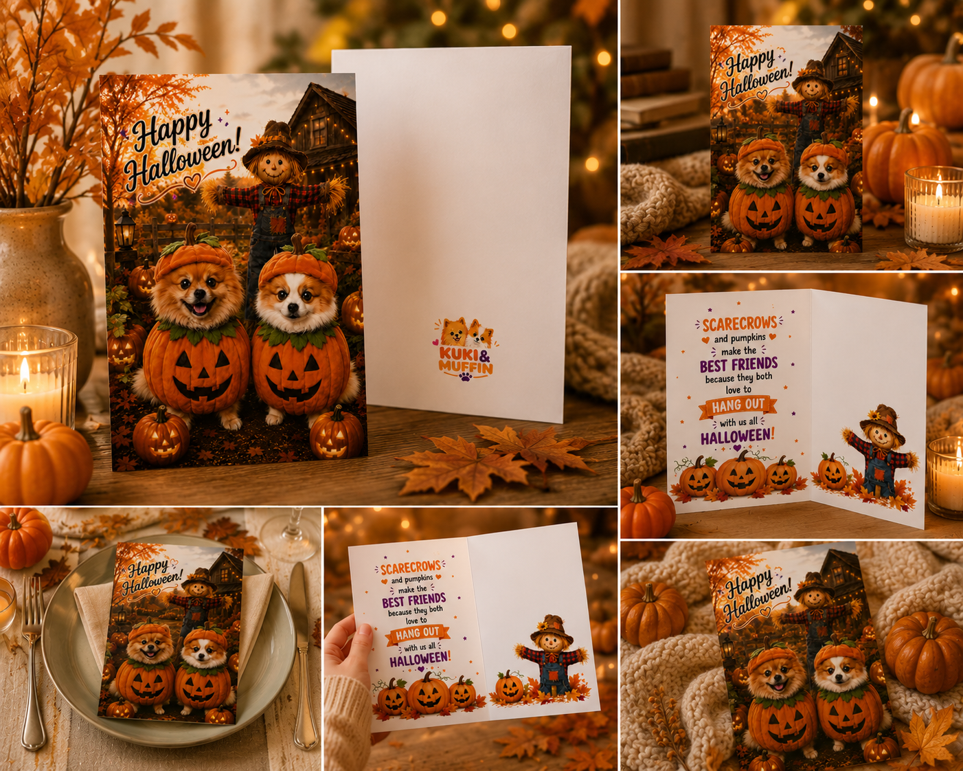 Happy Halloween – Scarecrow & Pumpkin Pups Greeting Card