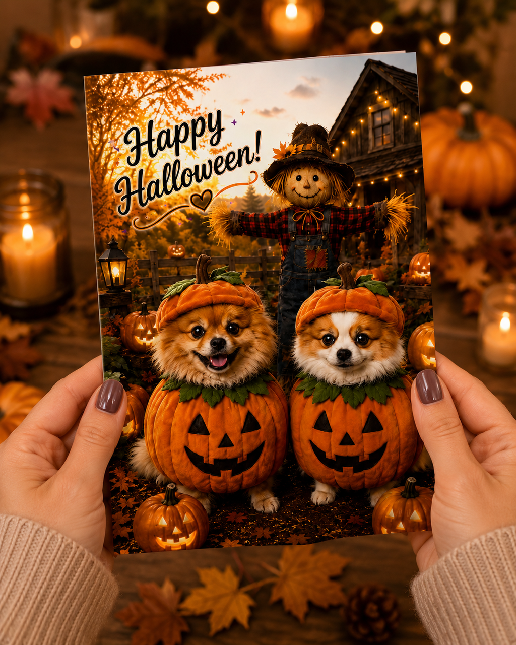 Happy Halloween – Scarecrow & Pumpkin Pups Greeting Card